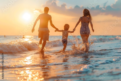 A family walks along the beach in the evening, a picture showing the love and warmth of a family.
