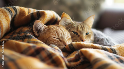 Two serene cats enjoy a tranquil nap together, wrapped in the warmth of a plaid blanket, cozy concept