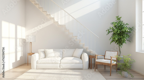 Simple white room interior with a large decorative sofa on the wall. white landscape in the window Nordic style house interior. 3D illustration