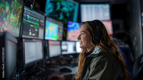 A female meteorologist at work in the operations room. Meteorology