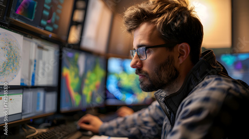 A male meteorologist at work in the operations room. Meteorology