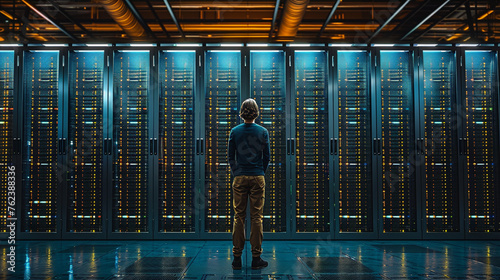 A man stands in front of the server racks. Rear view.