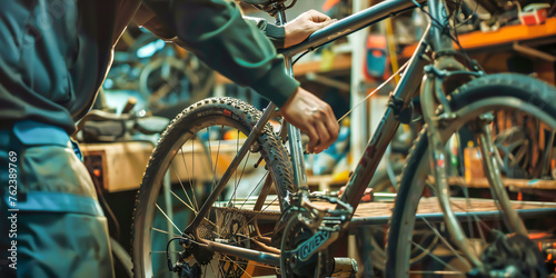 A cyclist brings their bike to a repair shop, ensuring smooth rides during spring bike trails. ,