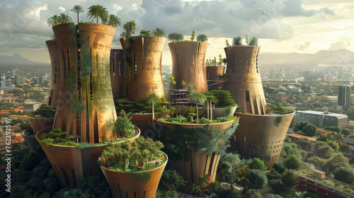An aerial view of a series of baobab inspired water towers within an urban renewal project their forms providing a stark