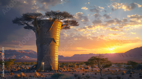 A striking sustainable water tower design inspired by the baobab tree