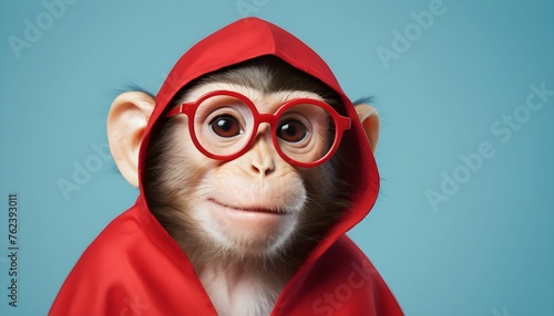 monkey with red cape and specs like a hero with light blue background