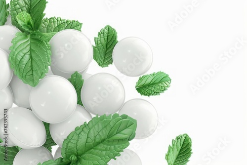White dragees with menthol or mint and fresh mint leaves