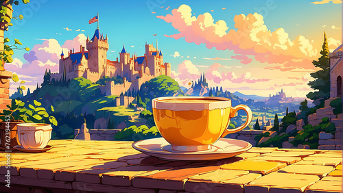 a cup of coffee on a table by the castle view with sunset Lofi anime style