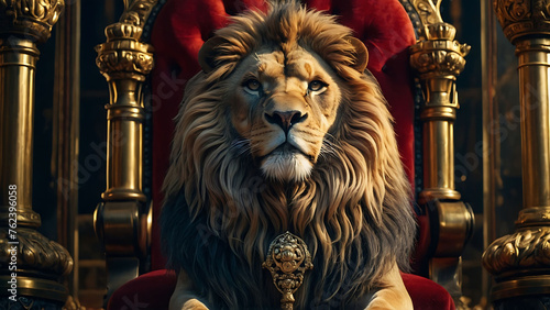 Royal lion sitting on a throne isolated background, majestic lion