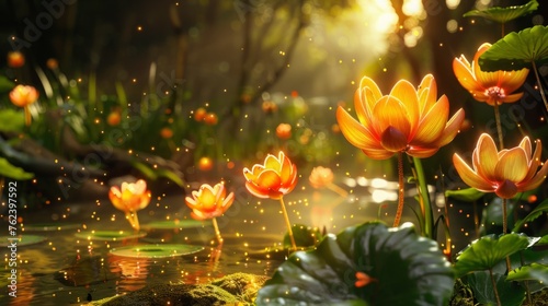 A group of yellow flowers floats gracefully on top of a serene pond