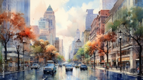 Generative AI A vibrant cityscape with towering skyscrapers and bustling streets. landscape watercolor