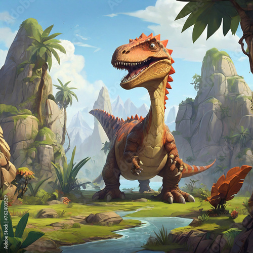 painting of a dinosaur with a jungle in the background Jurassic Jungle Jamboree A Stylized Cartoon