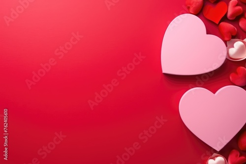 Assorted pink and red heart shapes scattered on a bright red backdrop for romantic concepts.