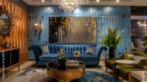 Shimmering Blue Metallic Wall Living Room Exuding Luxurious Decor and Gold Accent Lighting