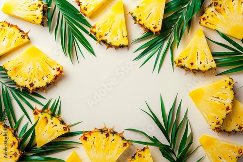 a frame made of ananas slices and palm leaves with copy space in the middle. Summer vibes