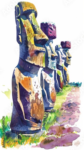 A row of statues, resembling Moai sculptures, sitting atop a grass-covered field. The statues are evenly spaced and face forward, creating a striking visual display in a natural setting.