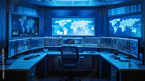 Control office room full of monitors on the table or desk with world map on the large display screen on the wall. Network surveillance, monitoring center, technical support, logistics,server station