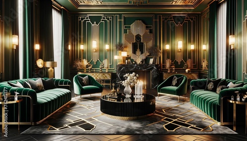 A glamorous Art Deco style living room featuring the elegance and extravagance of the era. The room is bathed in a palette of gold and emerald green