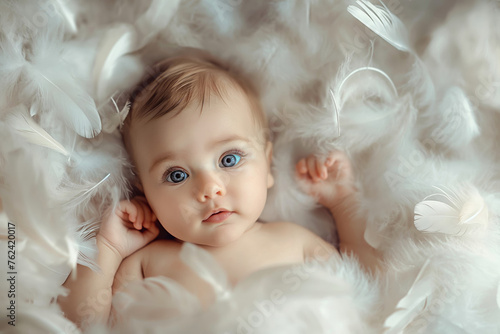 Tranquil baby with blue eyes lies surrounded by delicate white feathers