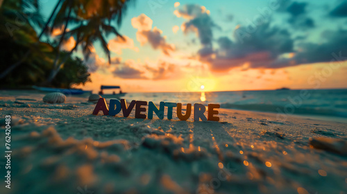 Text adventure on the sand beach, touching the ocean or sea waves at the sunset, tropical paradise landscape, palm trees around. Holiday or vacation on an island, Caribbean horizon, dusk or twilight