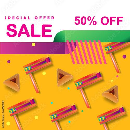 Sale offer banner Happy Purim Jewish Holiday gifts card traditional purim food symbols. Purim noisemaker, masque, gragger, wine bottle, hamantachhen cookies, crown, star of David, festival decoration 