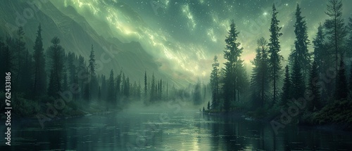 Dark forest by a river, northern lights overhead, mystic nature scenesuper detailed , ultra HD