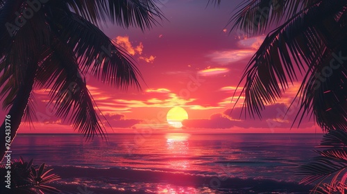 A vibrant beach sunset with hues of orange and pink reflecting off the water's surface. Silhouettes of palm trees frame the scene, adding a touch of tropical beauty to the serene coastal setting.