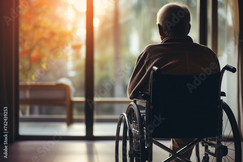 AI generated picture AI of old man sitting in a wheelchair looking outdoors on a sunny day