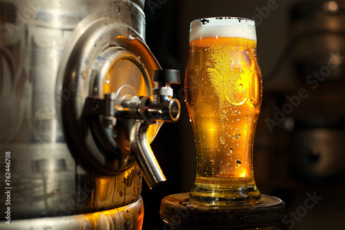 Close-up keg of beer and freshly tapped light delicious filling a Glasses mug light of beer