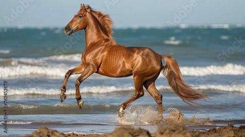 Brown arabian horse rearing while standing on beach with sea in the background - Essaouira, Morocco