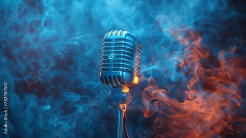 Vintage microphone with a gleaming grille enveloped in misty blue atmospheric smoke