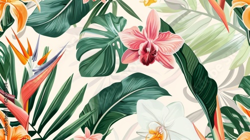 Modern seamless tropical floral pattern background with exotic flowers, palm leaves, jungle leaves, orchids, bird of paradise flowers. Hawaiian botanical wallpaper illustration.