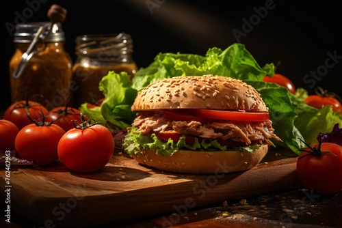a burger with tomatoes and lettuce on a cutting board