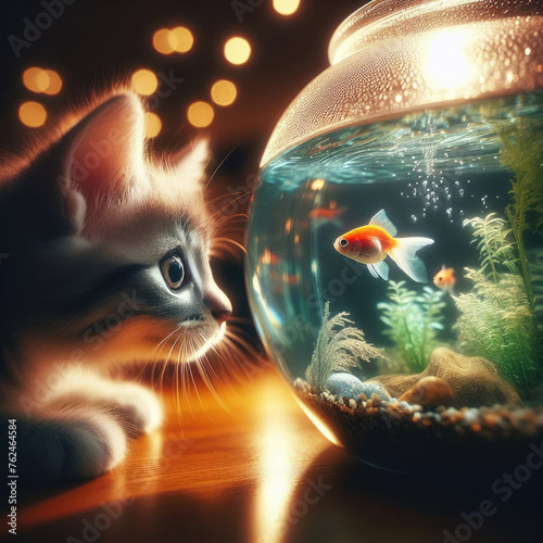 Small cute kitten sits and stares at fish in glass bowl 