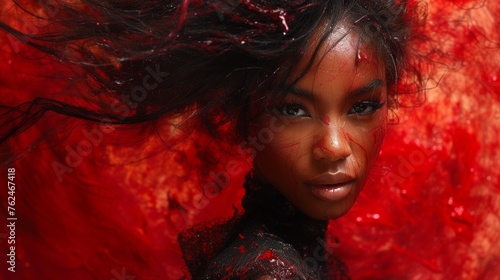 Striking Portrait of a Woman With Windswept Hair Against a Vivid Red Backdrop