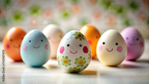 Diseño de la fiesta de Pascua. Divertidos huevos pintados a mano sobre fondo de colores. Huevos con caras pintadas para fiesta.