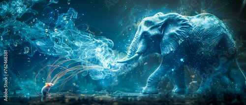 An elephant and mouse, rendered in a cosmic light, share a magical moment.