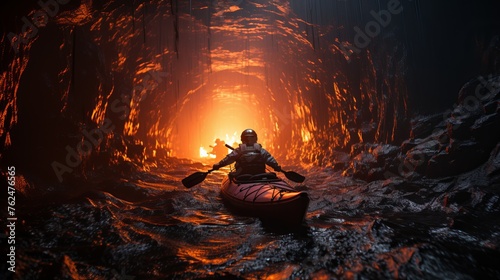 silhouette of a rescuer in a helmet with an oar against the backdrop of an apocalyptic landscape. Concept: natural disasters, courage and heroism of firefighters