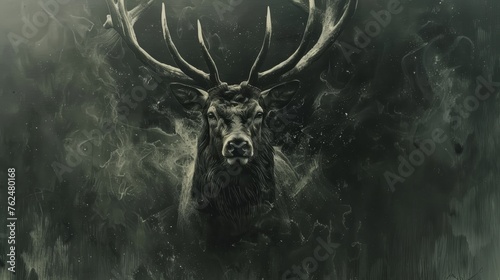 A majestic stag with impressive antlers emerges from an ethereal mist, creating a sense of mystery and wilderness.