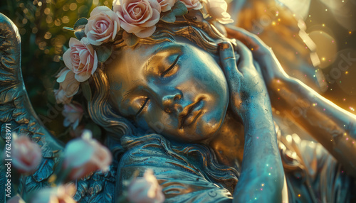 The sculpture of a holy statue of a girl sleeps in the heavenly divine garden, illuminated by the rays of God..