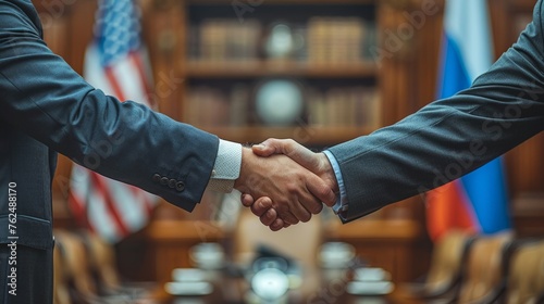 Russian and american diplomats shaking hands in a gesture of peace and friendship agreement, symbolizing international diplomacy and cooperation for a peaceful future between the two nations.