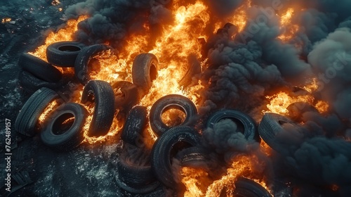 Toxic fumes and flames engulf a sprawling tire dump, contaminating the air with alarming substances. The scene signals the onset of a grave worldwide environmental calamity.