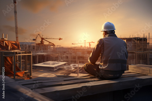 builder standing back, Construction Site, Construction enginee, house building construction, working as a architect, Back view, architect supervising construction