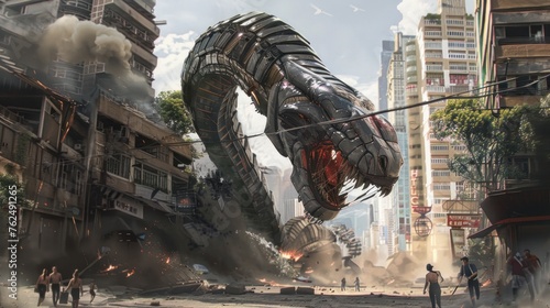 Giant snake robots attack the city and people run around AI generated image