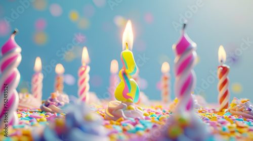 A single lit candle stands among unlit twisted candles on a colorful frosted cake with sprinkles.