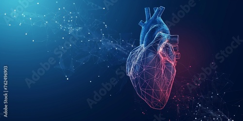 Anatomy of the human heart forms triangles and lines. 3D human organ polygon on a blue background