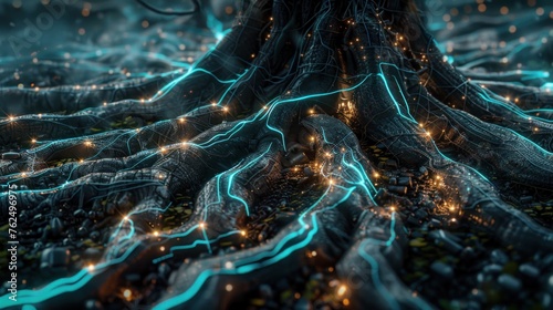 The concept of tree roots with light cables combines nature and technology AI generated image