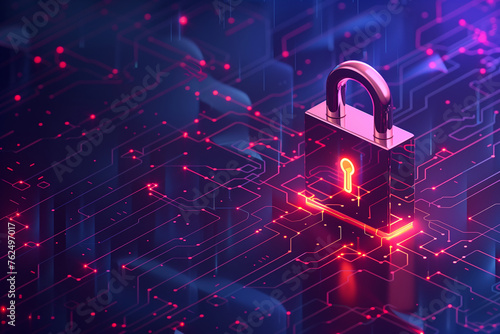 Cyber security concept with padlock on violet background