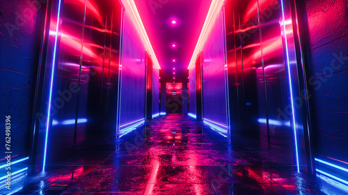 Neon Blue Lights in a Modern Room, Futuristic Corridor Design, Space and Technology Concept