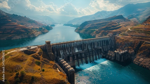 An imposing hydroelectric dam spans a river, nestled within the rugged terrain of a mountain valley, illustrating the scale of human ingenuity in harnessing nature's power.